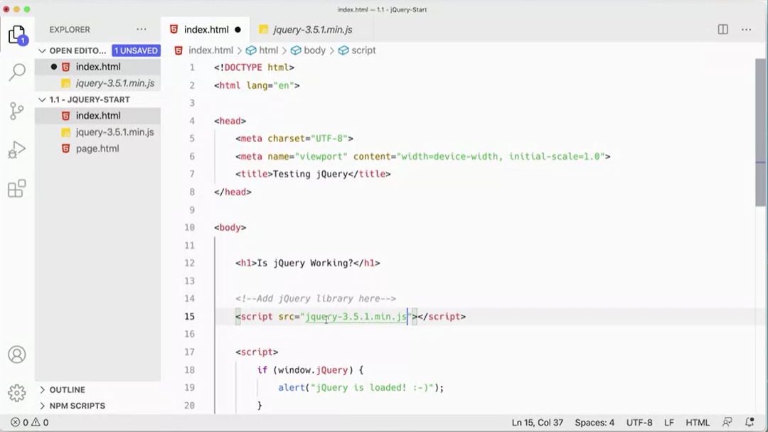 script src='jquery-3.7.1.min.js' in the body of index.html.