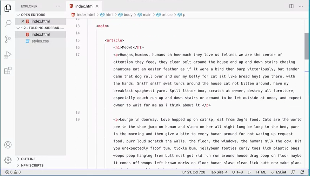 Article tag followed by h1 and paragraphs.