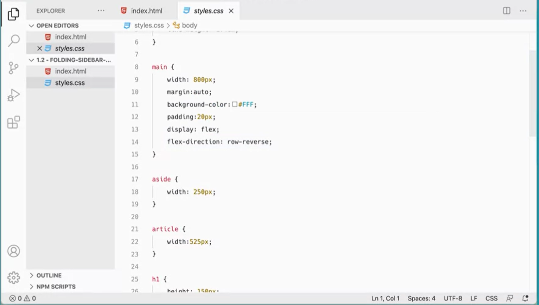 In styles.css - main display flex, flex-direction row-reverse.