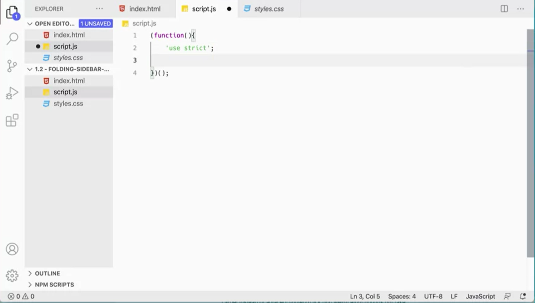 New file, script.js, add function with 'use strict'.