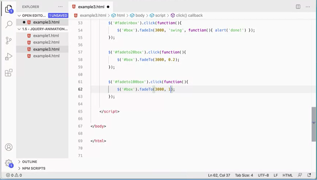 fadeto100box click function, fadeTo 3 milliseconds, 100%.