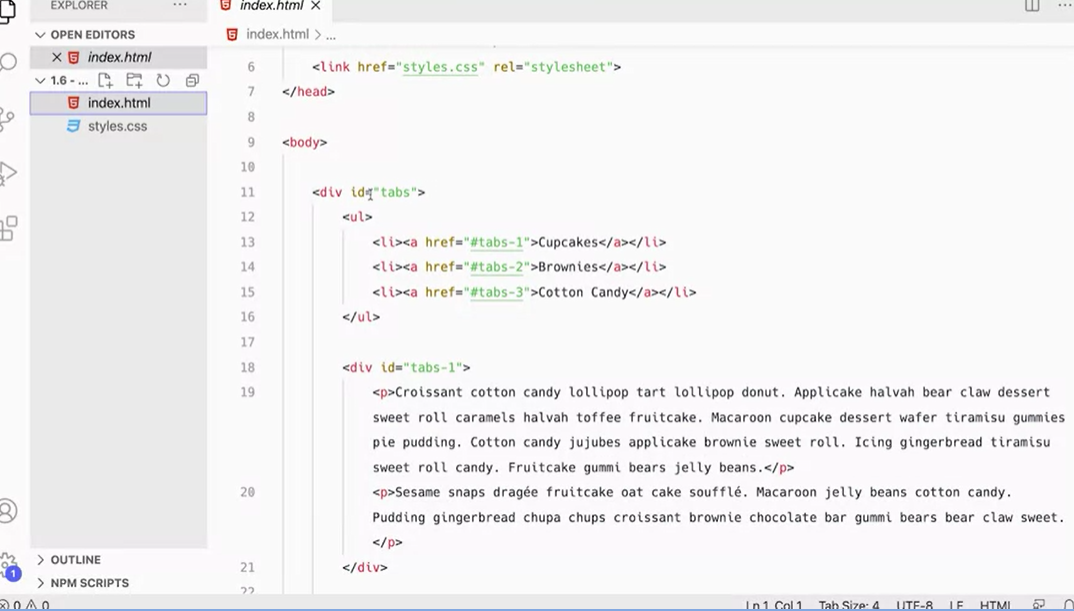 First half; div, ul, li and tabs in HTML.