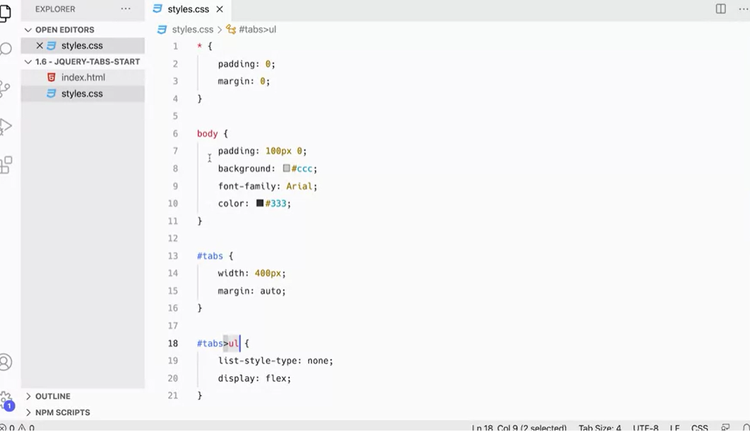 CSS rules for body, tabs, tabs > ul.