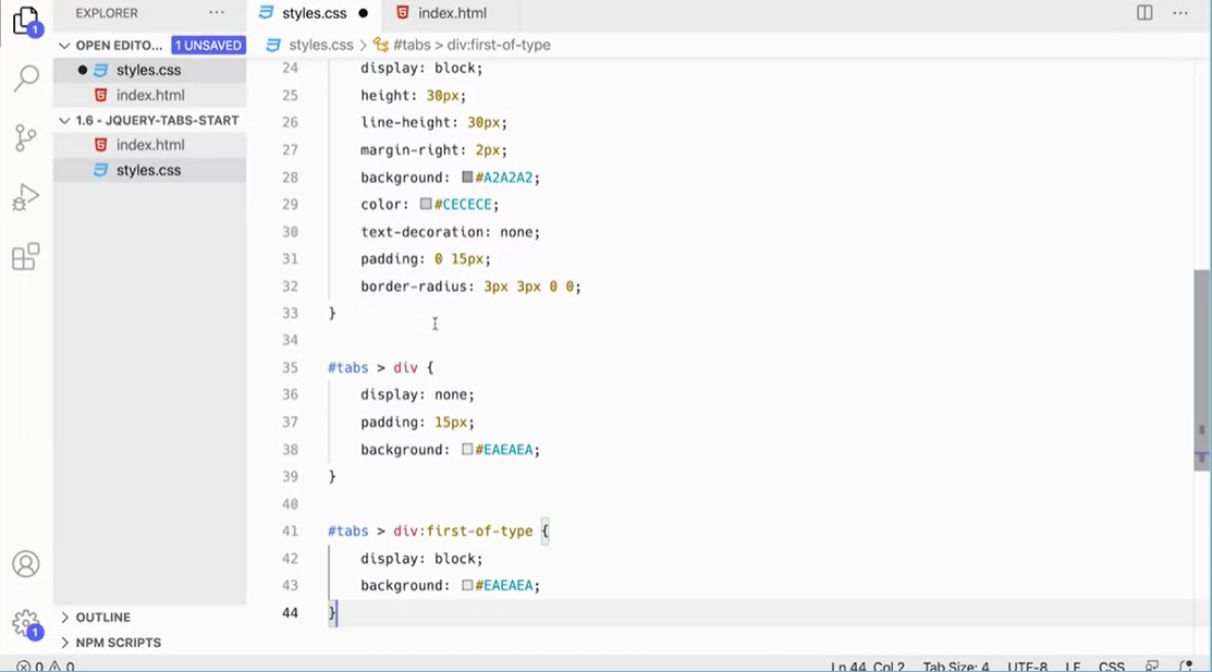 Set tabs > div, tabs > div:first-of-type.