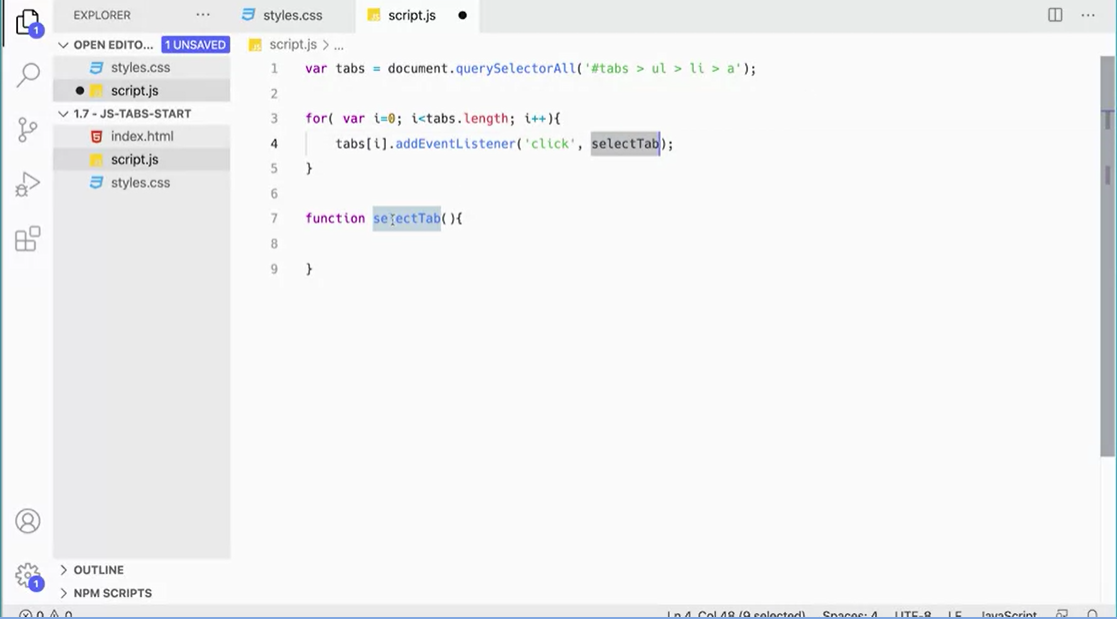 Define var tabs = document.querySelectorAll('#tabs > ul > li > a');