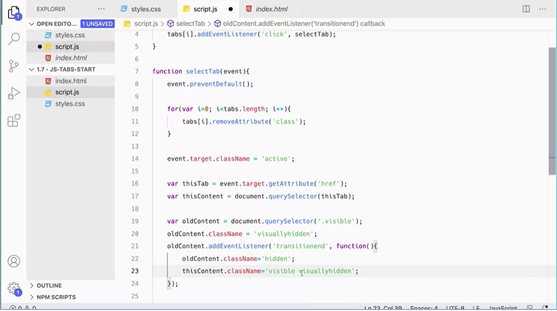 Assigning visible and visuallyHidden classes.