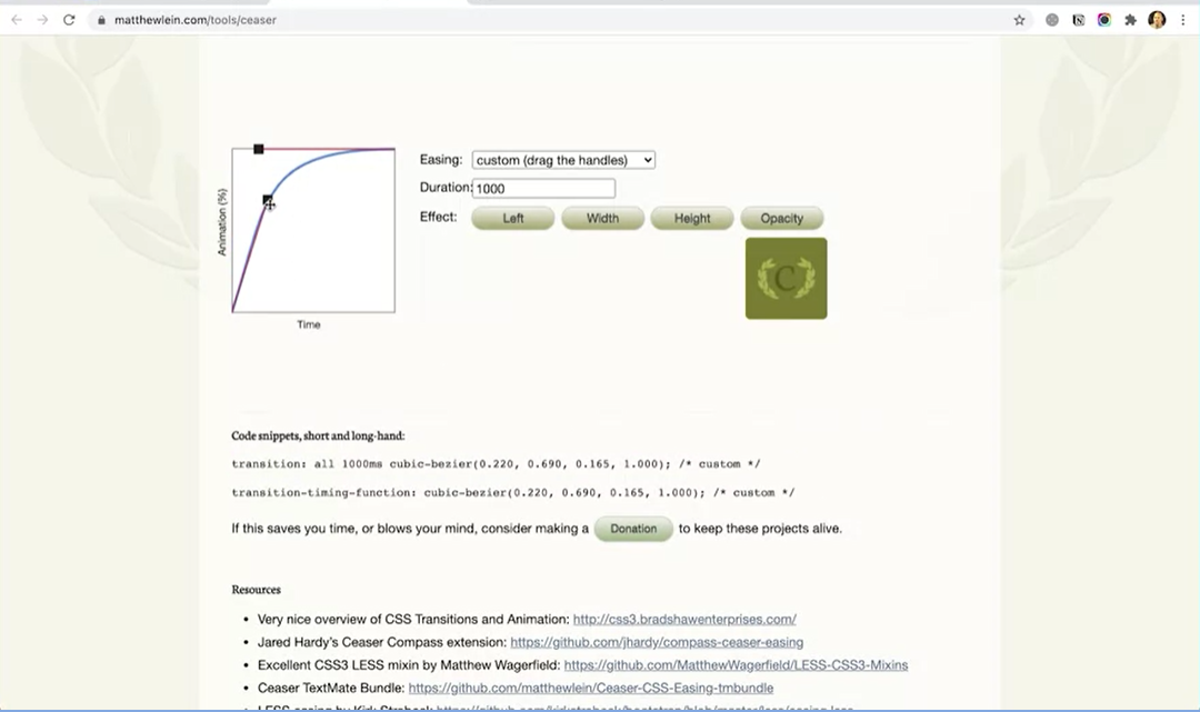 Code snippet for transition left.