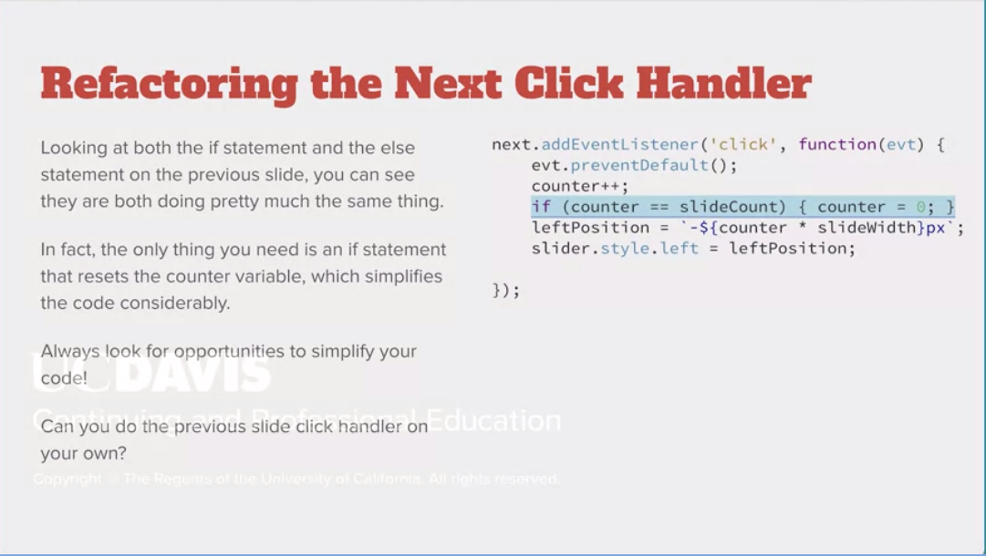 Example fading away, Refacturing the Next Click Handler.