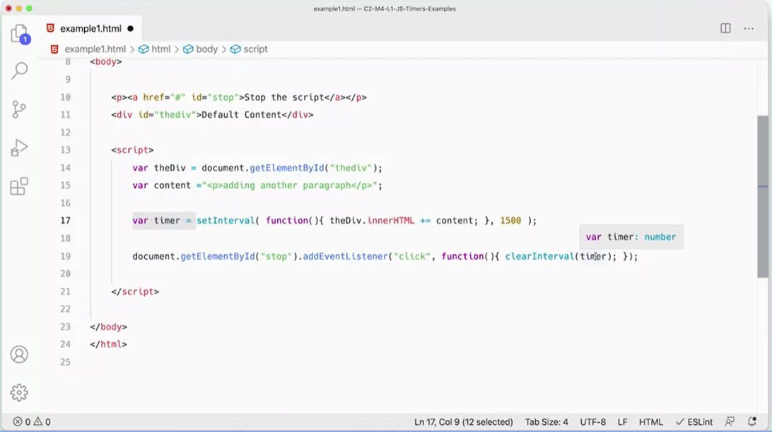 Set var timer = setInterval function that appends content every 1.5 seconds.