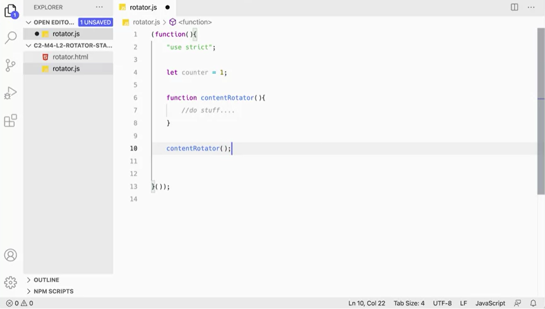 Assign let counter = 1, function contentRotator.