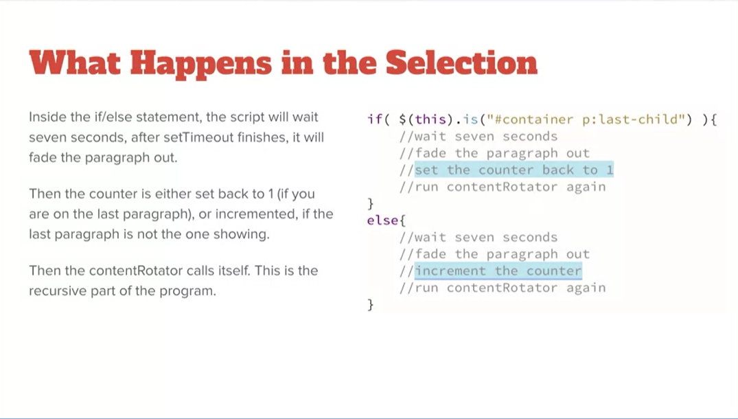 Example, What Happens in the Selection; contentRotator function.